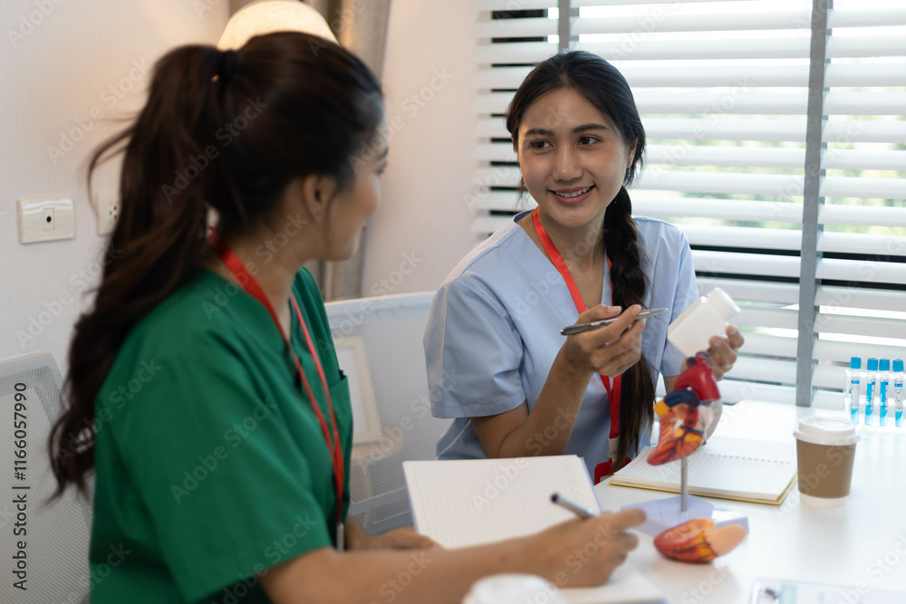 Fototapeta premium A group of medical professionals are looking at a white pill bottle. They are discussing the contents of the bottle and how it will be used. Scene is serious and focused 