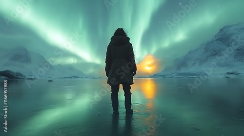 Solitary figure witnessing aurora borealis over icy water. photo