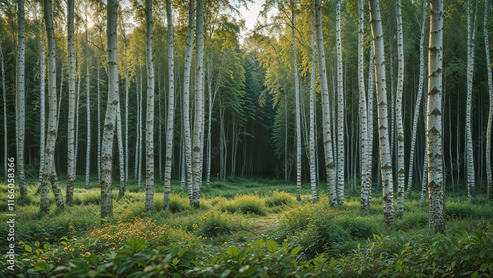 Fototapeta premium Serene birch forest with lush greenery and sunlight filtering through trees.