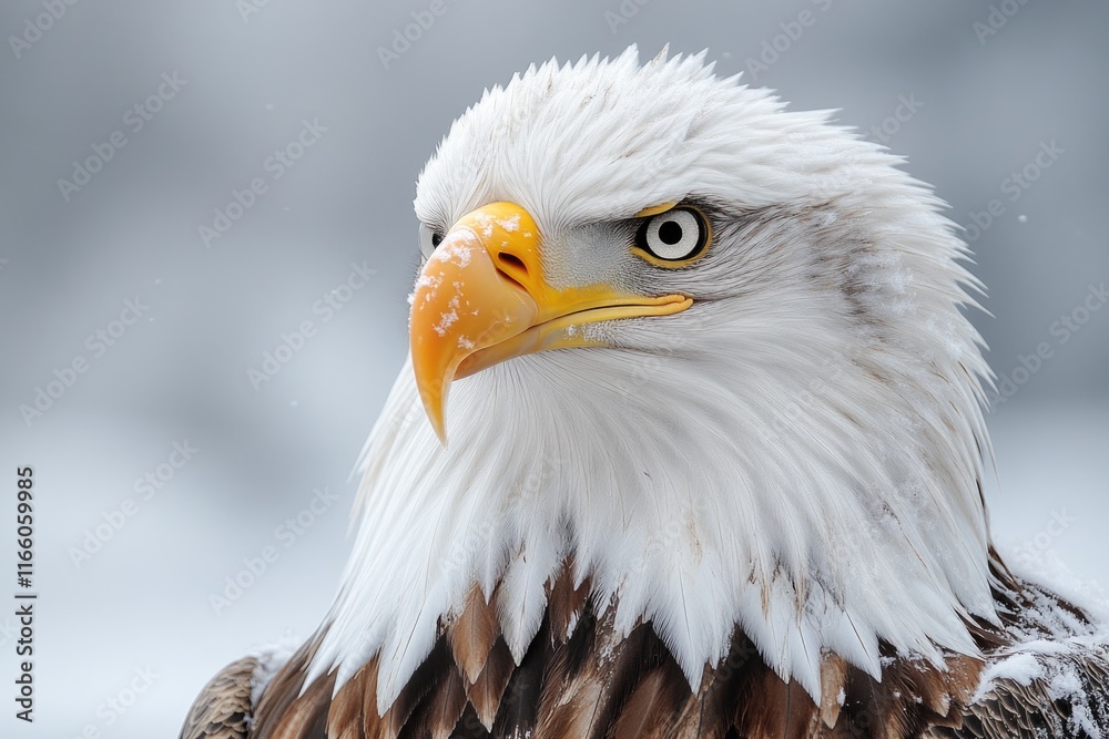 Close-up shot of a bald eagle with snow covering its head Close-up shot of a bald eagle with snow covering its head