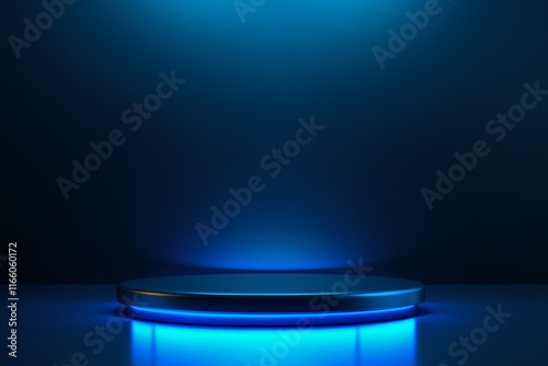  blue background with a silver circular stage. The stage is lit up with blue lights