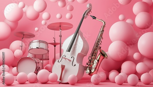 Ensemble Of Double Bass, Drum, And Saxophone Among Colorful Orbs On A Pink Background - Illustration.