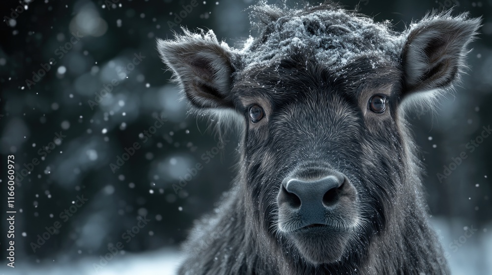 A close-up view of a goat standing in the snow, informative phrase about what pictured on image, useful for commercial use A close-up view of a goat standing in the snow, informative phrase about what pictured on image, useful for commercial use