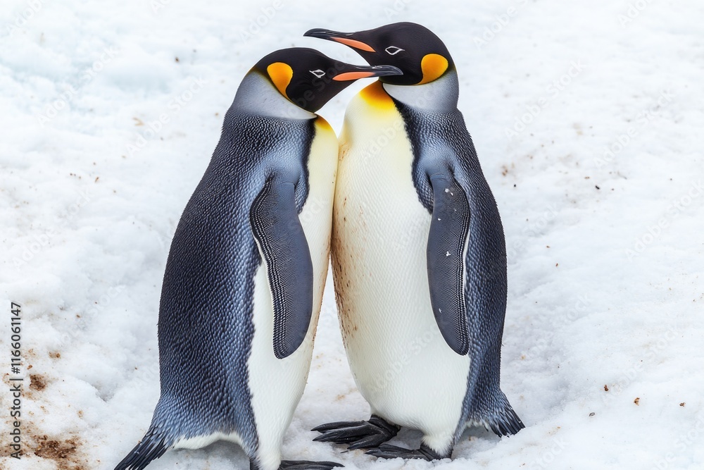 Fotografie Two penguins standing side by side in a snowy environment