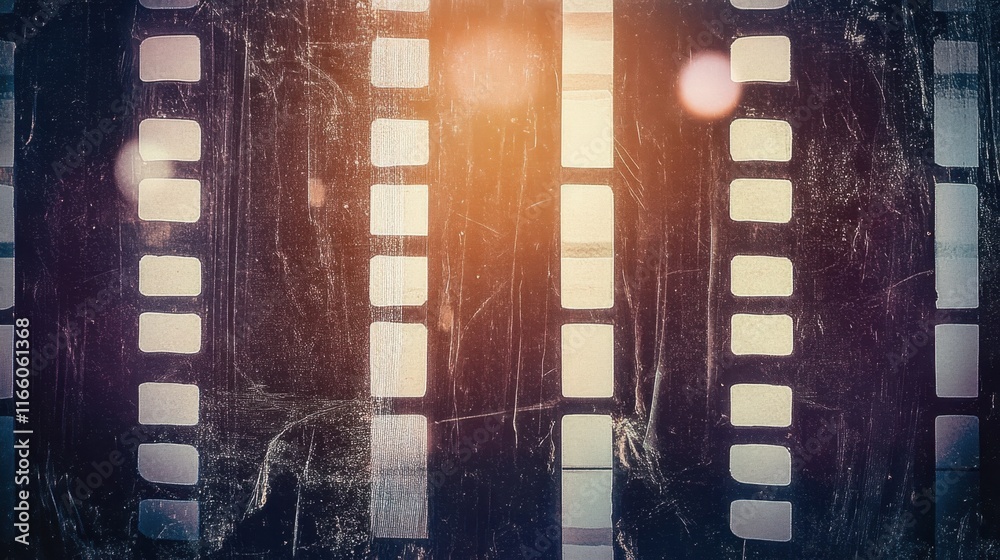 Obraz premium Film strip, vintage photography, analog camera, sunlight flare, retro aesthetic, cinematic frame, nostalgic, sepia tones, grainy texture, 35mm film, celluloid, photographic memory, old-fashioned, cine