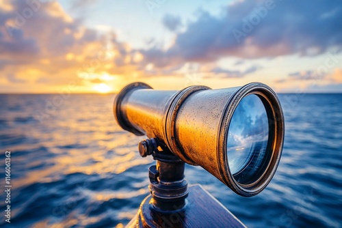 Antique telescope at sunset, ocean view.