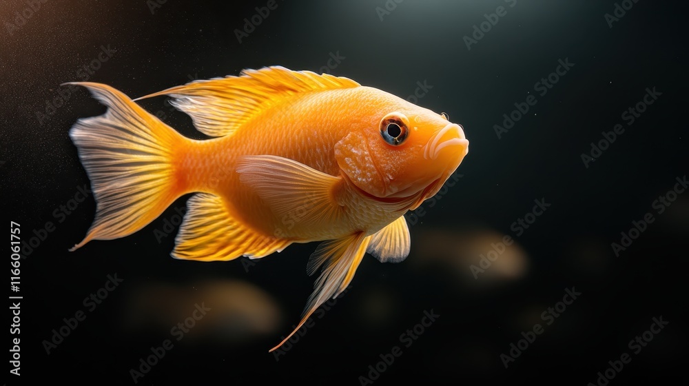 A stunning close-up image of a vibrant goldfish gracefully swimming through crystal clear water, showcasing its bright orange color and detailed fins in motion. A stunning close-up image of a vibrant goldfish gracefully swimming through crystal clear water, showcasing its bright orange color and detailed fins in motion.