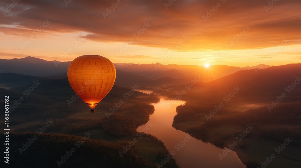 An enchanting image of a hot air balloon ascending during sunrise, surrounded by misty mountains and a winding river, embodying adventure, peace, and natural beauty. An enchanting image of a hot air balloon ascending during sunrise, surrounded by misty mountains and a winding river, embodying adventure, peace, and natural beauty.