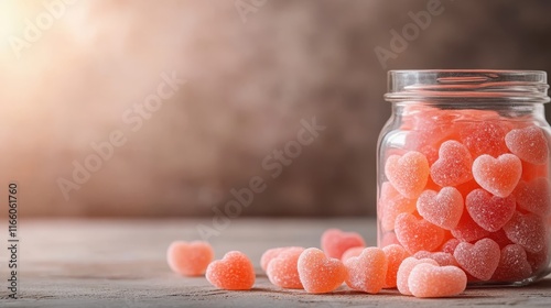 An enticing image of heart-shaped gummy candies spilling from a glass jar, showcasing their vibrant pink colors and sugary texture against a soft backdrop. photo