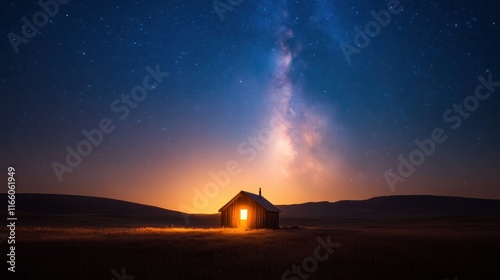 A rustic wooden cabin glowing softly against a backdrop of a star-filled night sky, emphasizing the beauty of tranquility, solitude, and connection with nature. photo