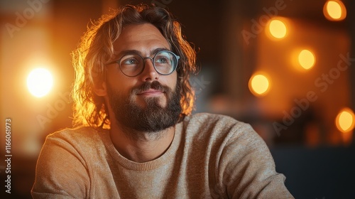 A man with glasses and wavy hair gazes thoughtfully into the distance, surrounded by soft warm light, creating a reflective and cozy atmosphere perfect for inspiration. photo