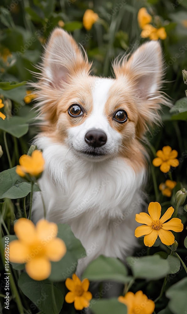 Adorable small dog amidst yellow flowers. Adorable small dog amidst yellow flowers.