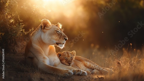 A serene moment captured of a lioness resting with her cub in a sunlit savannah, showcasing their bond and the beauty of nature's gentle moments.
