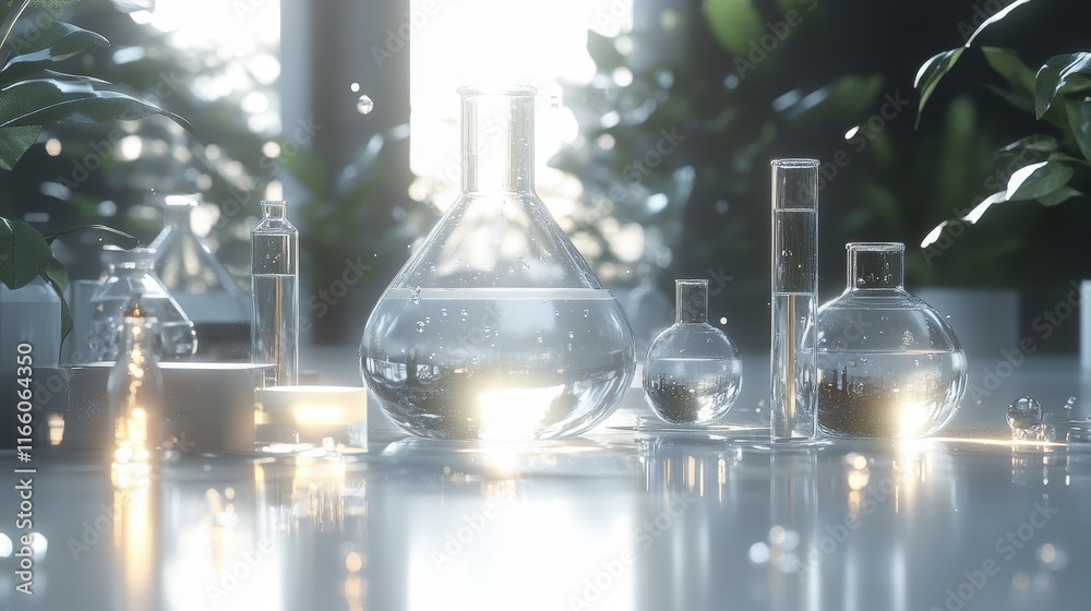 Lively Indoor Garden Featuring Diverse Plants and a Glass Flask on a Wooden Table Illuminated by Soft Natural Light Creating a Tranquil Atmosphere Lively Indoor Garden Featuring Diverse Plants and a Glass Flask on a Wooden Table Illuminated by Soft Natural Light Creating a Tranquil Atmosphere