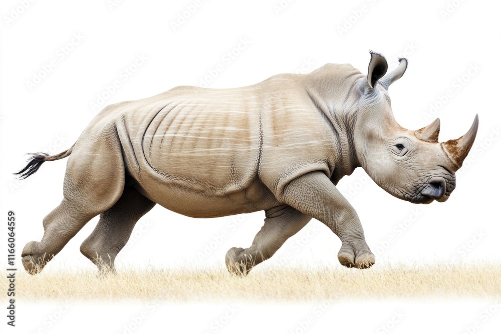 Obraz premium A rhino runs freely in a green meadow on a bright white background