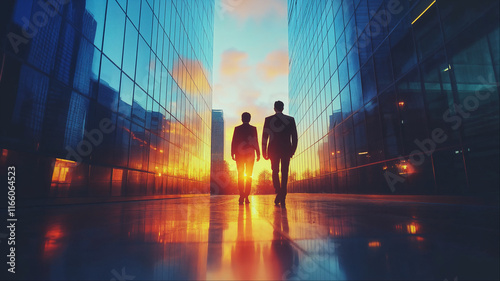 Business professionals silhouetted against dramatic urban sunset, Modern leadership and corporate success concept