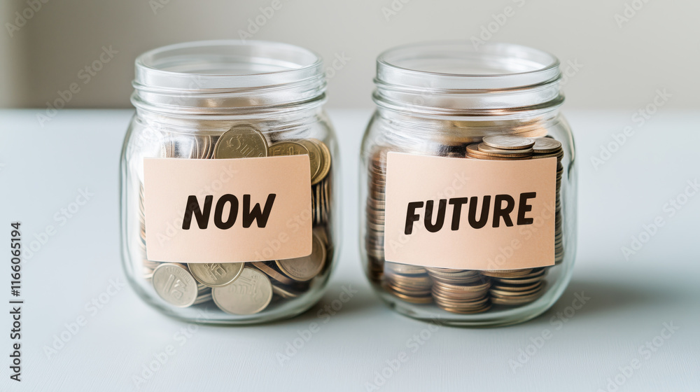 Saving jars labeled Now and Future filled with coins symbolize financial planning Saving jars labeled Now and Future filled with coins symbolize financial planning