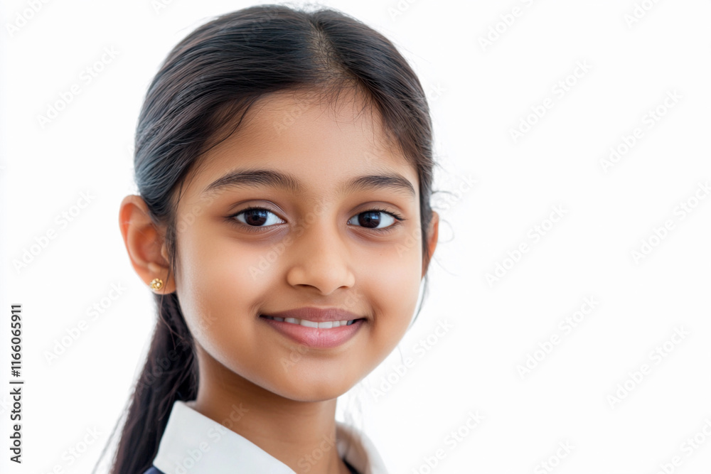 Young girl smiling with confidence against a plain backdrop Young girl smiling with confidence against a plain backdrop