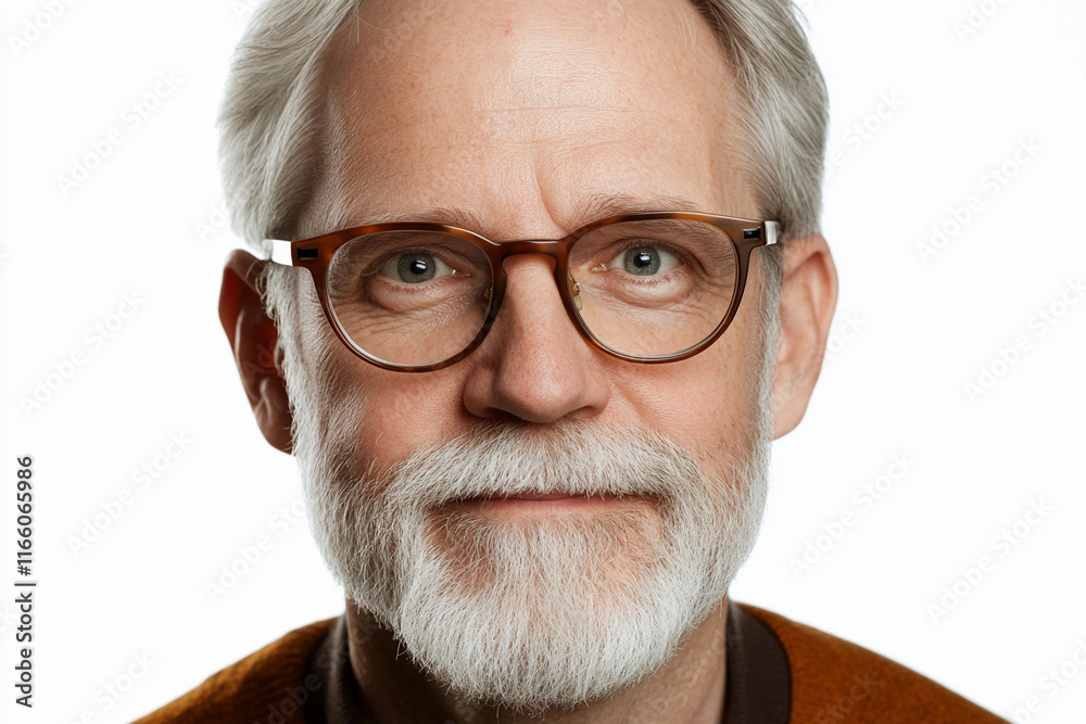 Senior man with glasses smiles warmly against a white background