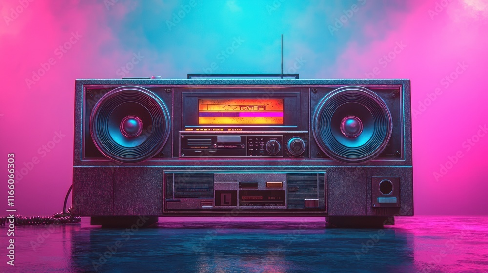 Fototapeta premium Retro boombox with vibrant neon background.