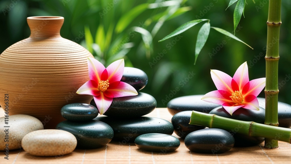 Zen harmony of smooth black stones, a delicate white orchid, and green bamboo, inviting relaxation and wellness Zen harmony of smooth black stones, a delicate white orchid, and green bamboo, inviting relaxation and wellness
