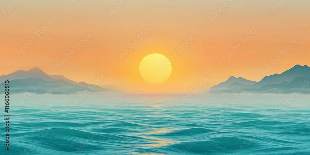 Sunset over tranquil ocean waters with distant mountains Sunset over tranquil ocean waters with distant mountains
