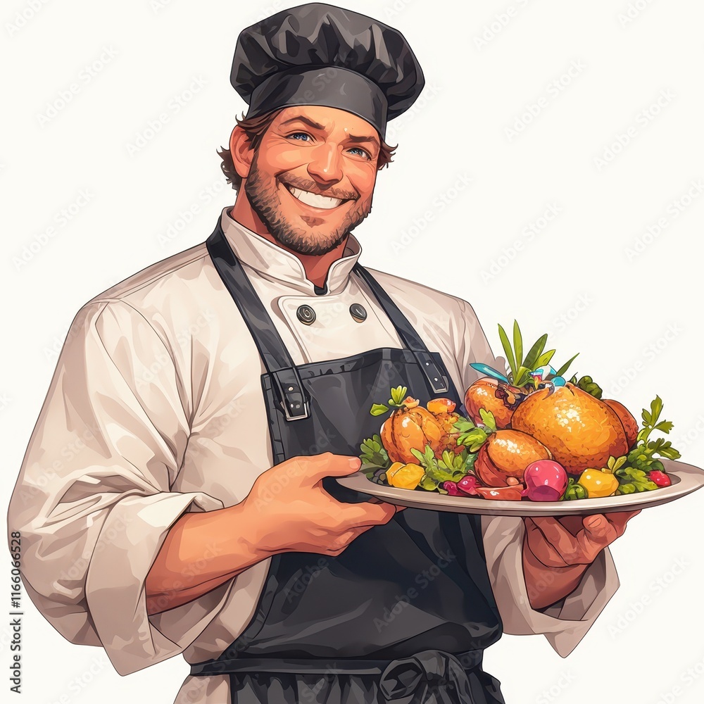 Smiling chef presenting a beautifully arranged platter of roasted dishes. Smiling chef presenting a beautifully arranged platter of roasted dishes.