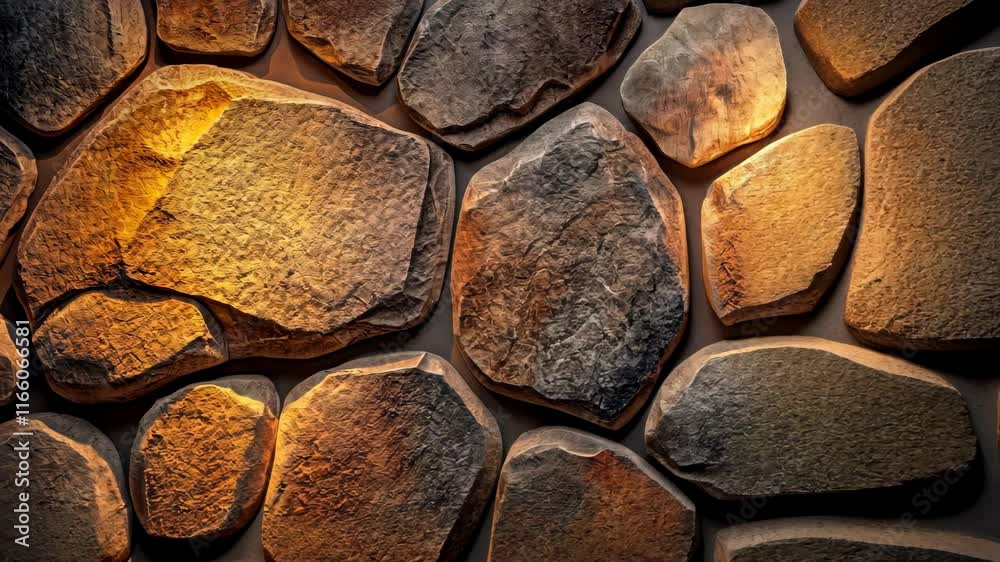 Unique textured stone wall with warm lighting enhancing irregular shapes and surfaces