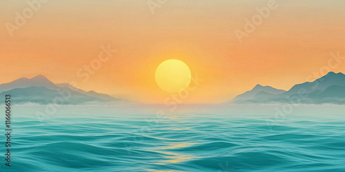 Sunset over tranquil ocean waters with distant mountains