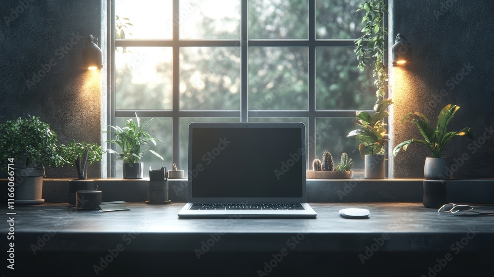 Fototapeta premium Modern Workspace Featuring a Laptop on a Desk Bathed in Natural Light from a Window Creating a Productive and Inviting Office Environment