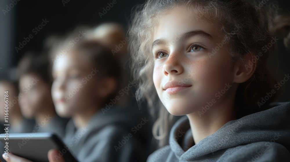 Obraz premium Curious Little Girl Engaged with Mobile Technology in Bright Classroom Setting Exploring Learning Opportunities and Embracing Digital Education Tools
