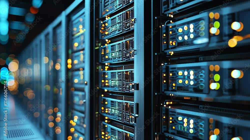 A close up view of a modern data center with illuminated server racks