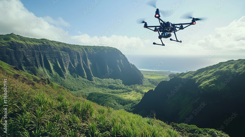 A drone flying over a lush landscape, capturing video footage A drone flying over a lush landscape, capturing video footage