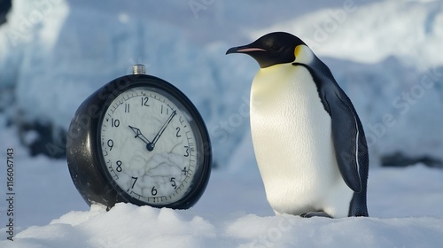 An emperor penguin stands beside a large clock in a snowy landscape. photo