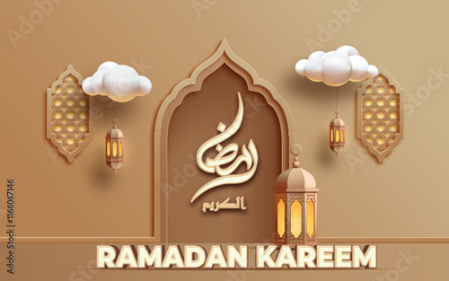 Ramadan Al Kareem poster 3D design vector featuring Islamic ornament and calligraphy an elegant and festive atmosphere.