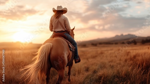 A rear view of a rider on horseback as they journey into the picturesque sunset, capturing the essence of freedom and the beauty of nature's artistry. photo