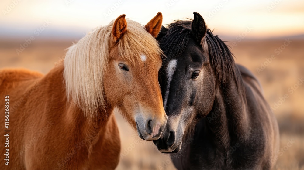 This image features two horses gently leaning their heads together, illustrating a beautiful connection while basking in the soft light of a peaceful sunset. This image features two horses gently leaning their heads together, illustrating a beautiful connection while basking in the soft light of a peaceful sunset.