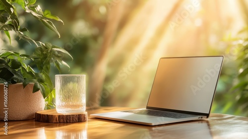 A serene home workspace featuring a laptop and a glass of water on a wooden desk, bathed in warm sunlight, encouraging creativity and productivity.