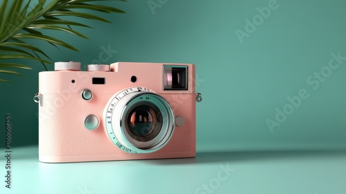 This is a stylish vintage pink camera set against a soft teal backdrop, highlighting its unique design and retro charm that appeals to photography lovers. photo