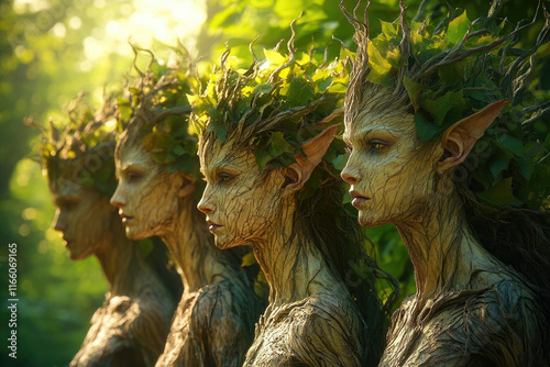 Three tree nymphs stand in profile, their bark-like skin and leafy crowns embodying nature's mystical beauty.
