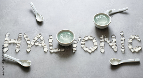 Hyaluronic gel in bowls with spoons on a gray background showcasing skincare product for beauty and wellness photo