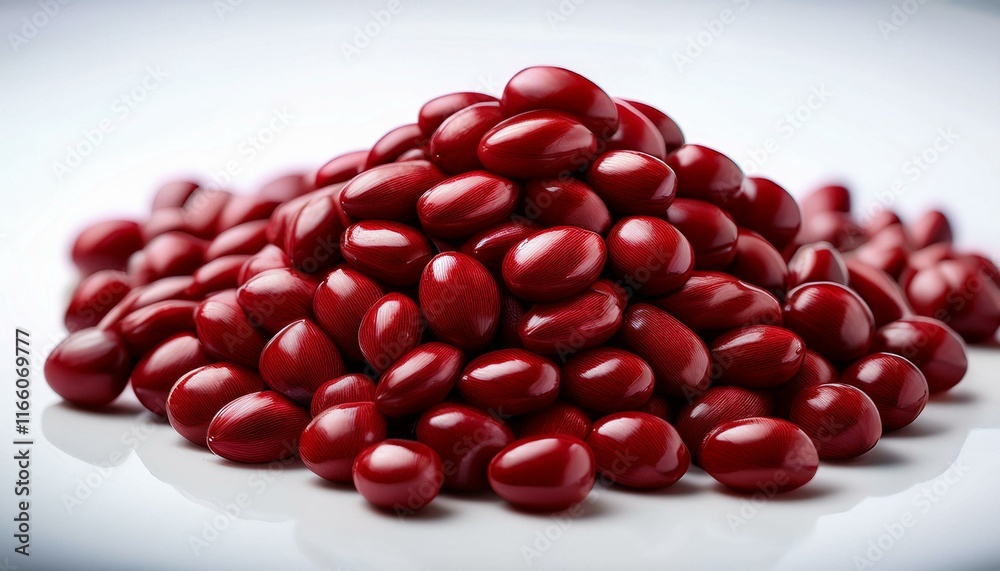 Pile of dark red pills on a white background.