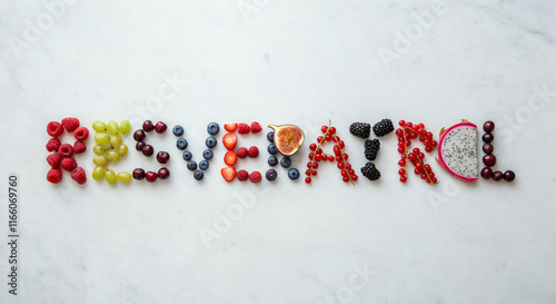 Fruit art arrangement of healthy food spelling resveratrol with berries and grapes photo