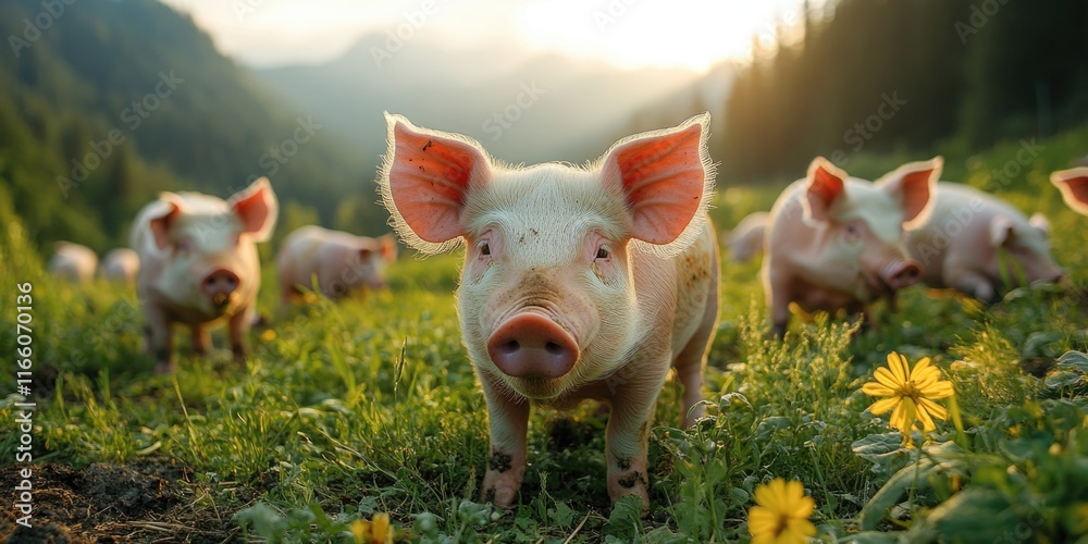 Group of pigs standing on a lush green hill, possibly in a farm or nature setting Group of pigs standing on a lush green hill, possibly in a farm or nature setting