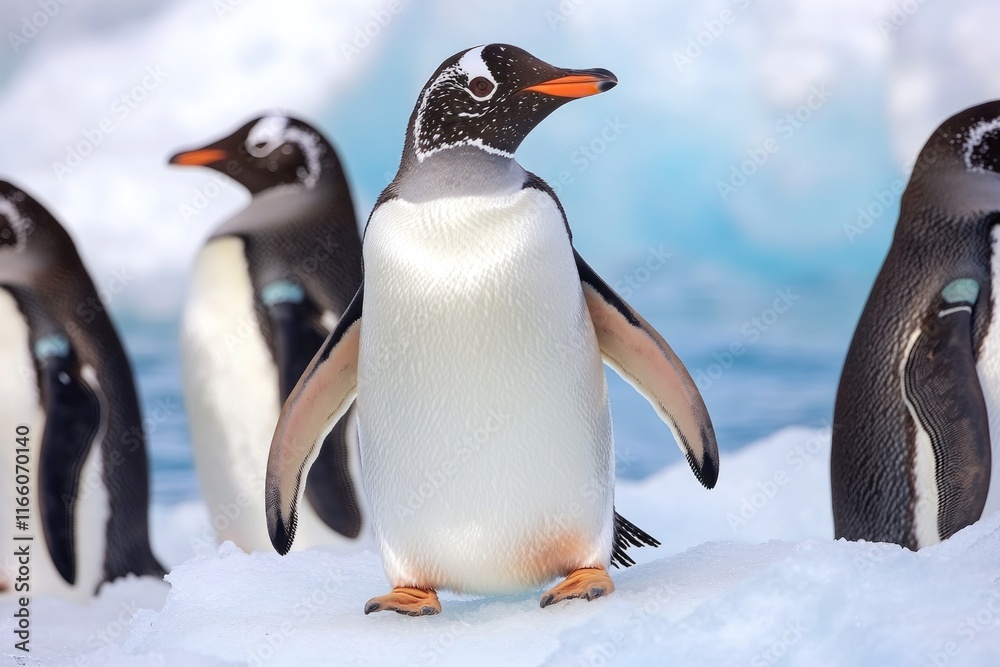 Obraz premium A group of penguins standing on the snowy ground, perfect for winter-themed illustrations or educational materials
