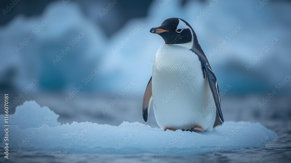 Fototapeta premium A penguin stands on the edge of a chunk of ice, looking out at the surrounding environment