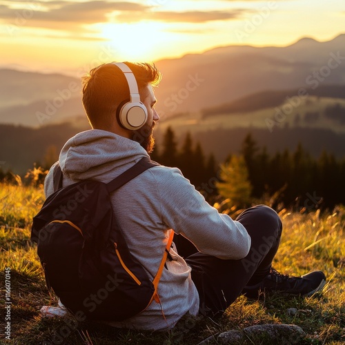 Man enjoys sunset in countryside while listening to music. He takes a break from exercising in the mountains to relax and rehydrate. 