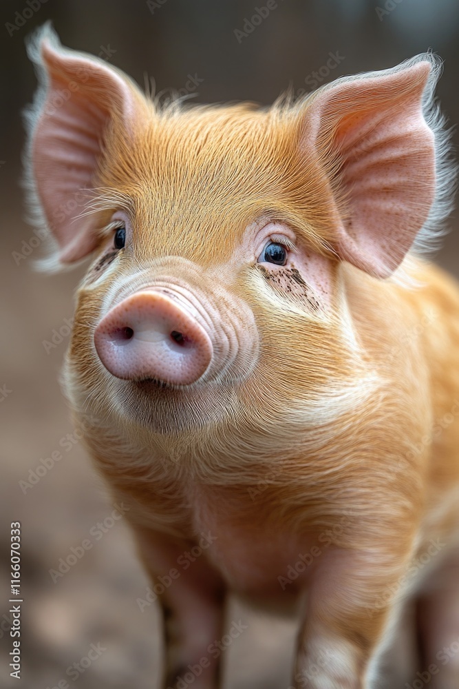 A small pig standing on top of a dirt field A small pig standing on top of a dirt field