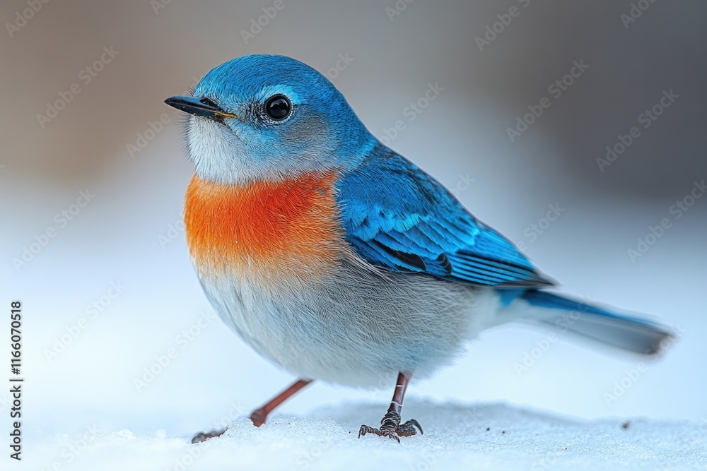 Obraz premium A bright blue and orange bird stands still in the snow, perhaps looking for food or shelter
