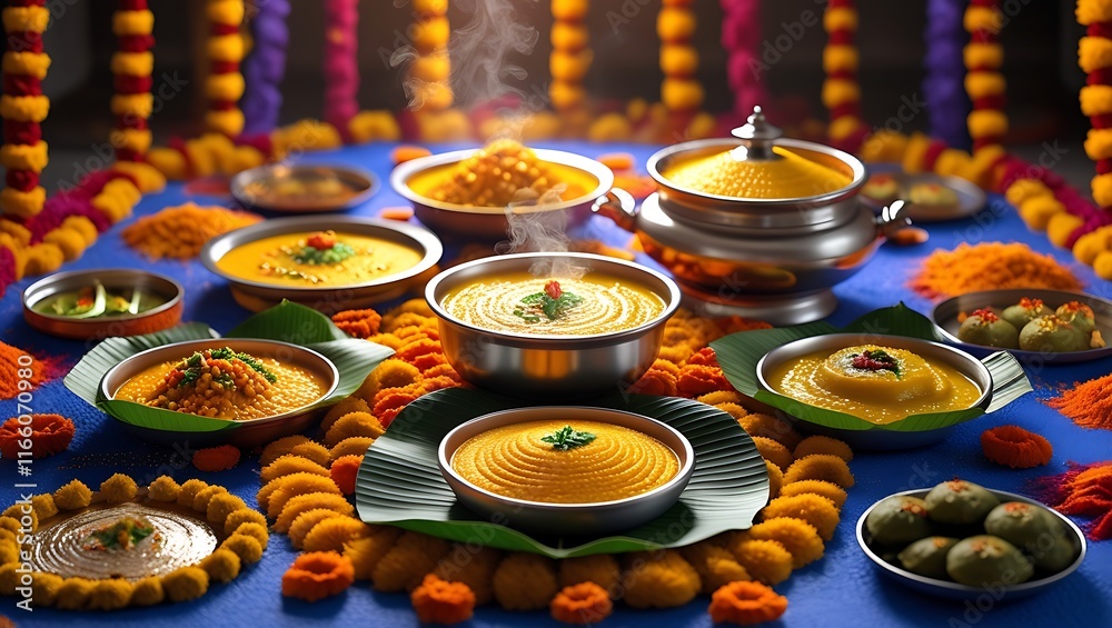 Vibrant Pongal feast with Ven Pongal, Sakkarai Pongal, vadas, and festive kolams, celebrating tradition, pongal day Vibrant Pongal feast with Ven Pongal, Sakkarai Pongal, vadas, and festive kolams, celebrating tradition, pongal day
